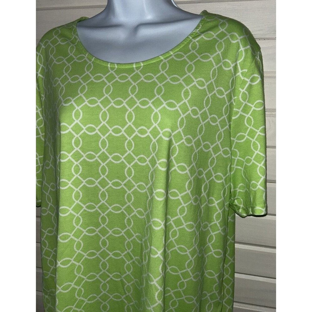 Chicos Sz 3 (XL) Fancy Geo Grommet Tee Top Tunic Elbow Sleeve Green White EUC